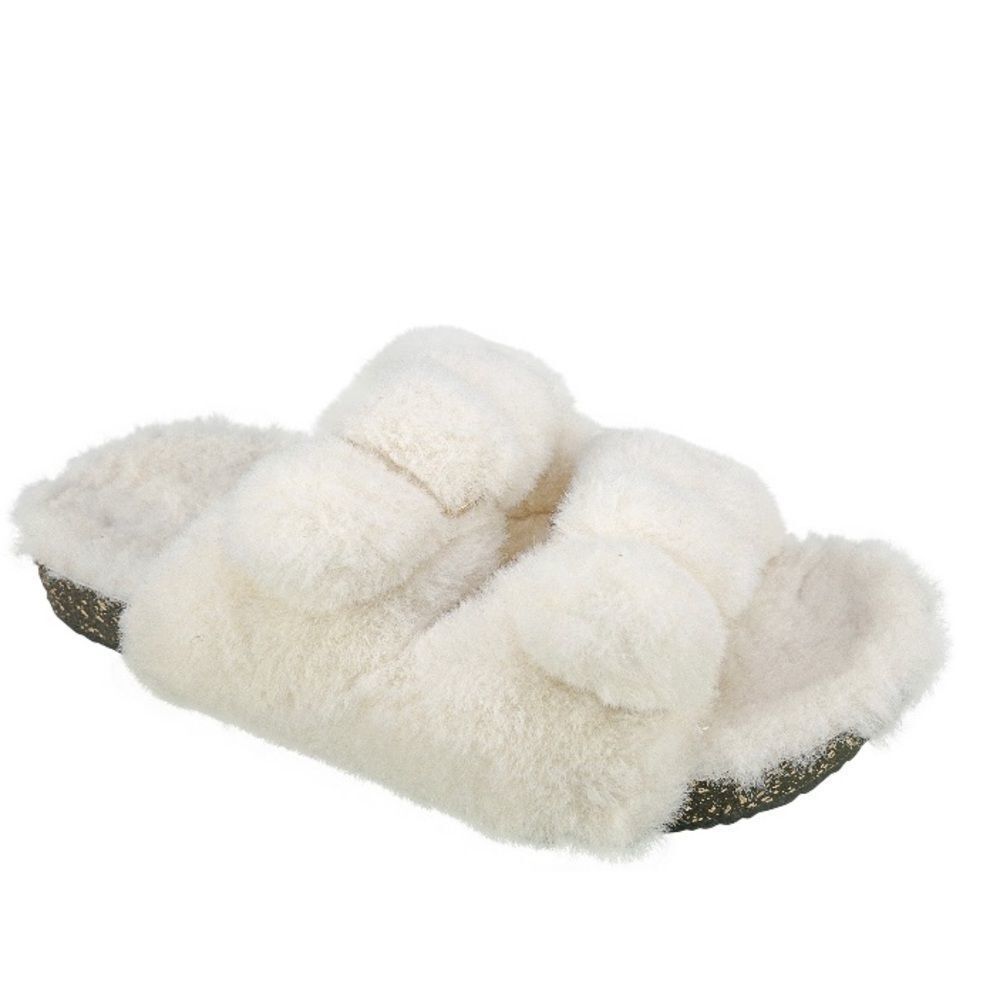 Ivory cream faux fur two band slides